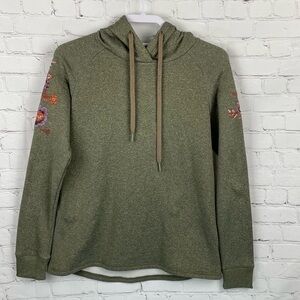 Ascend Olive Fleece Hoodie Floral Embroidery On Sleeves Size XS